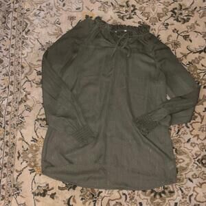 FLAW Dark Olive Green semi Sheer Peasant Long Sleeve BlouseTunic Metallic Stripe